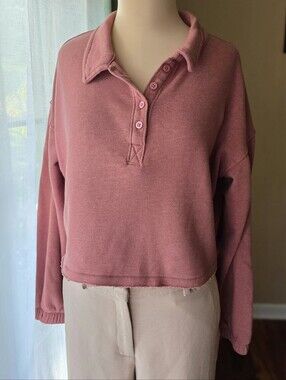 SO Lounge Life Polo Sweatshirt Mauve Fleece Cropped Pullover Comfort Womens XS